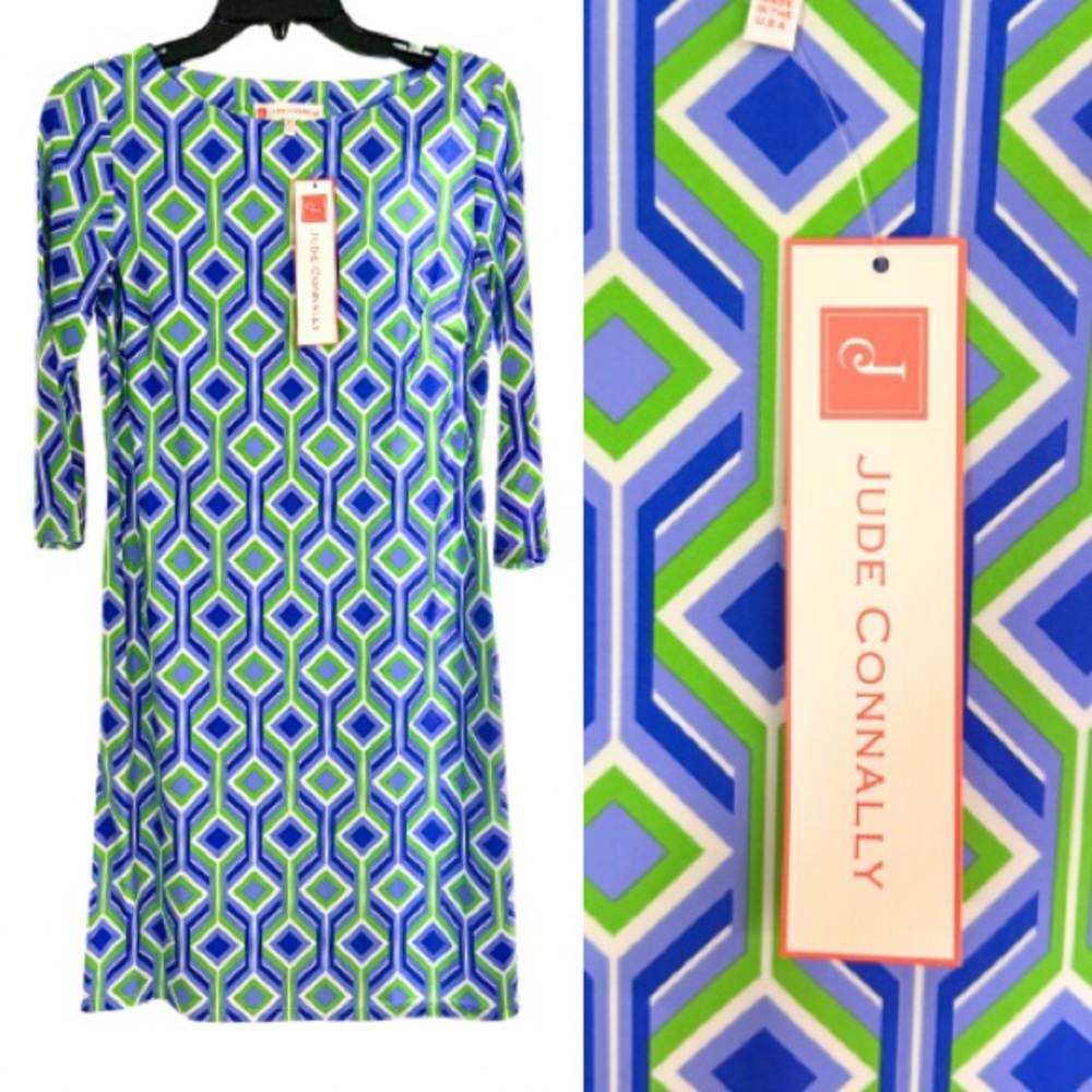 Jude Connally Blue and Green Geometric Long Sleeve Dress